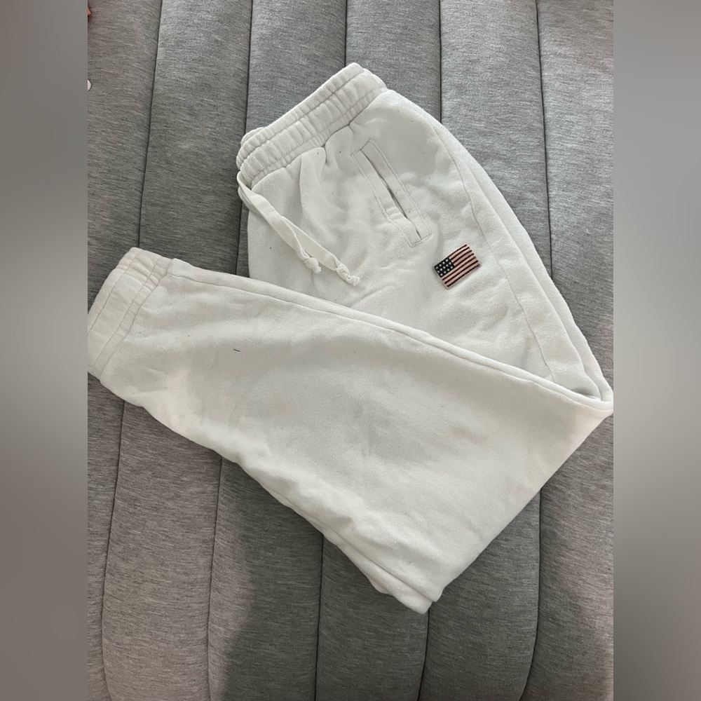 garage white sweatpants with american flag on the side, very soft inside,